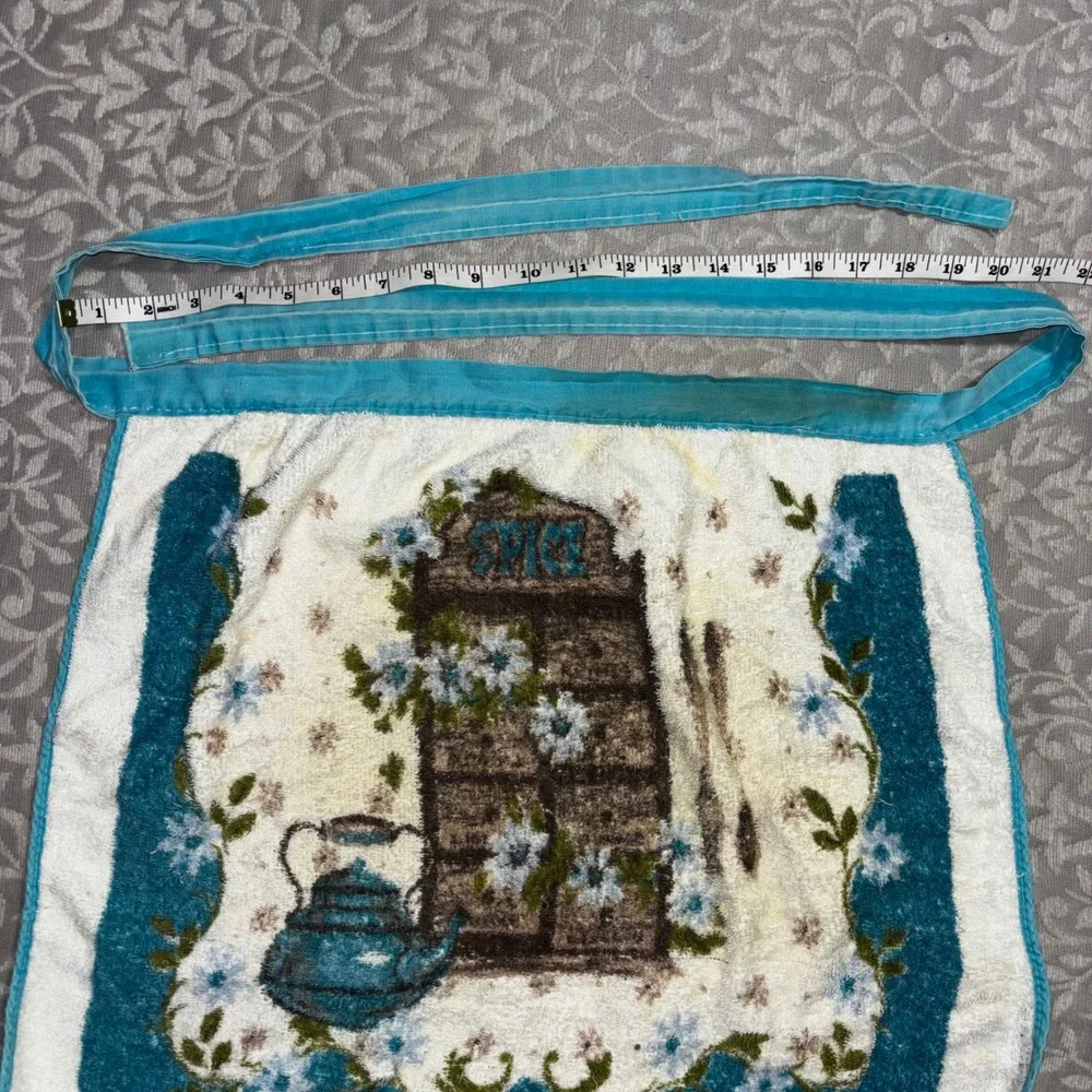 Vintage 1970s Handmade Terry Cloth Half Apron Blue Floral Spice Cabinet Kitchen‎